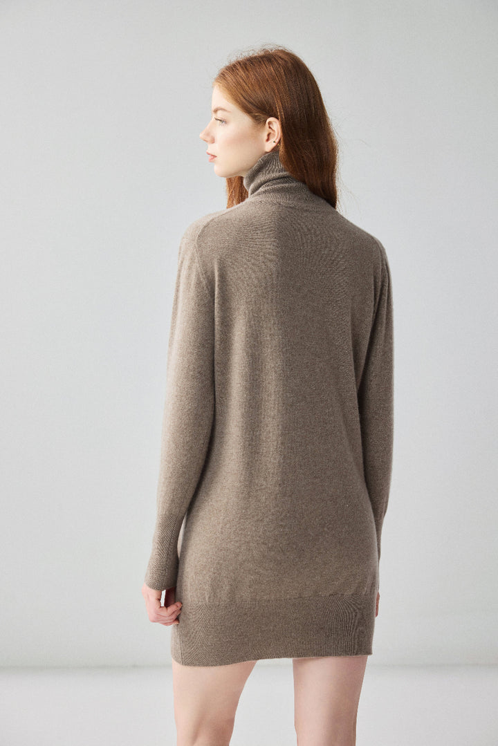 00% Pure Cashmere Turtleneck Dress – Long Sleeve Knit Mini Dress