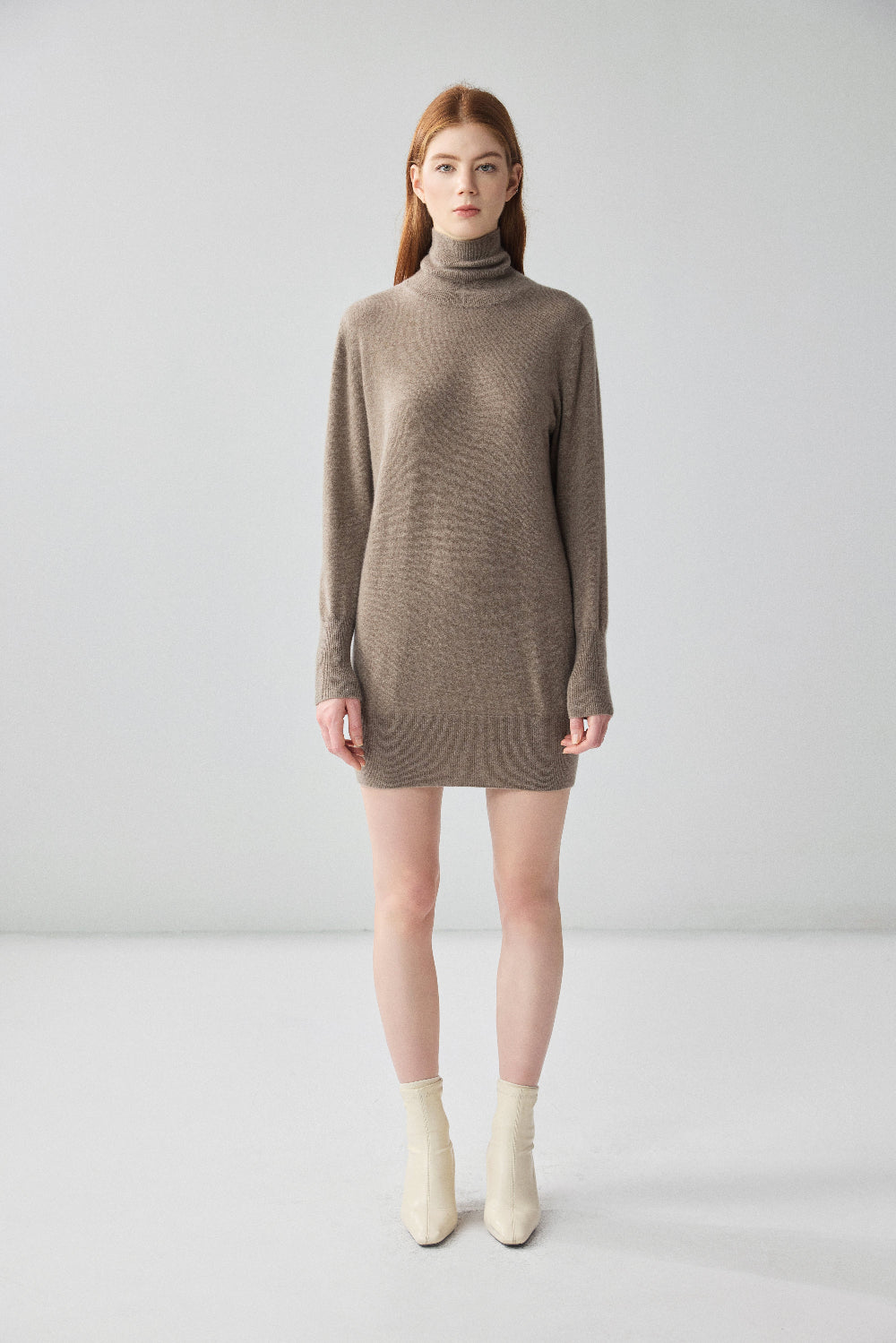 00% Pure Cashmere Turtleneck Dress – Long Sleeve Knit Mini Dress