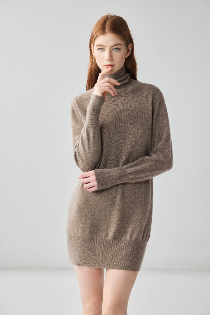 00% Pure Cashmere Turtleneck Dress – Long Sleeve Knit Mini Dress
