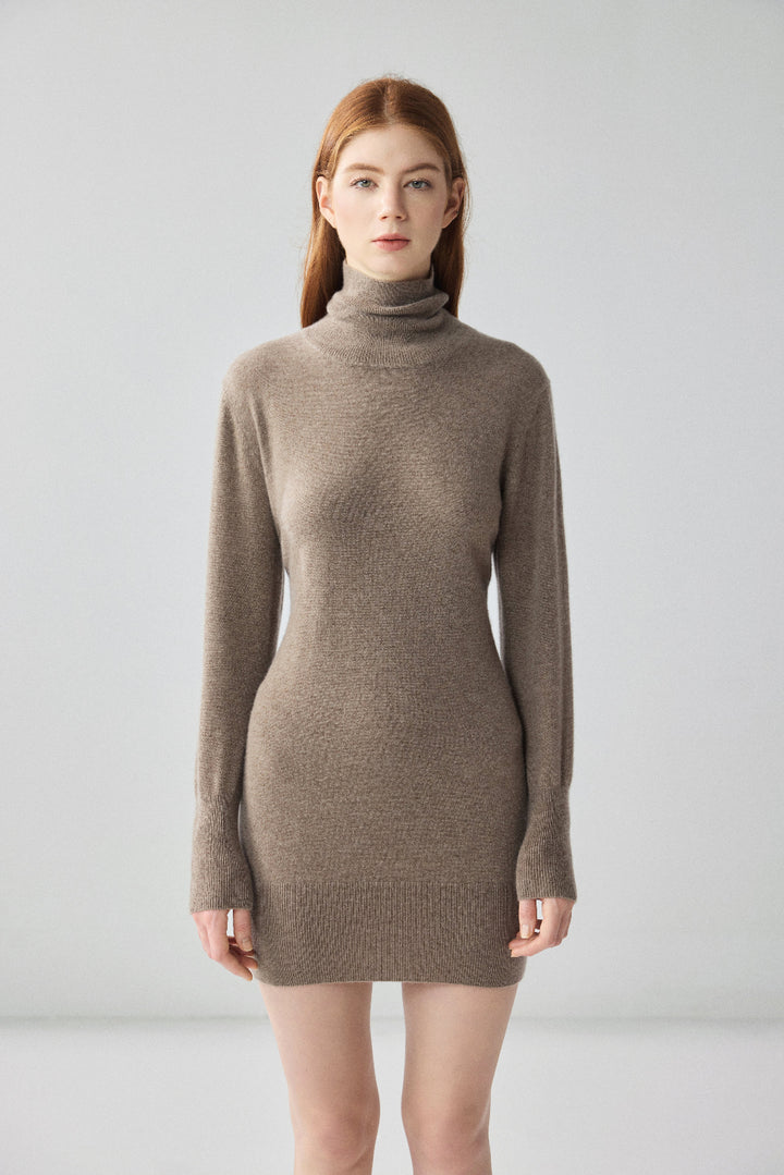 00% Pure Cashmere Turtleneck Dress – Long Sleeve Knit Mini Dress