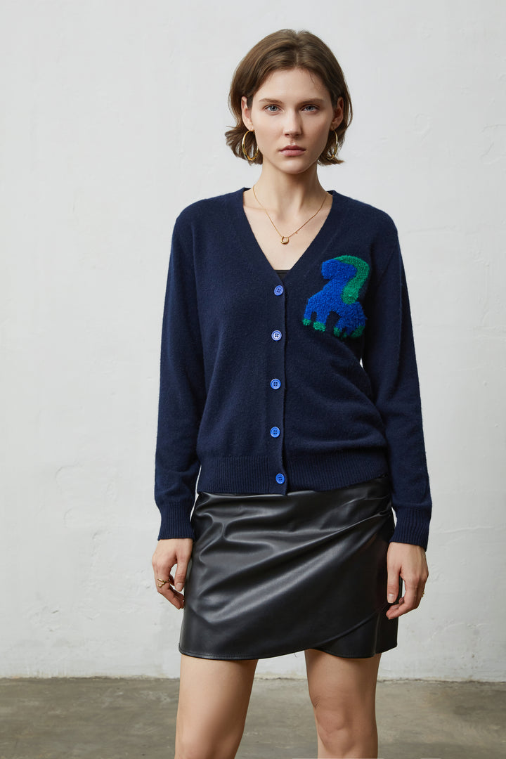 100% Pure Cashmere V-Neck Cardigan with Textured Cartoon Patch - Navy
