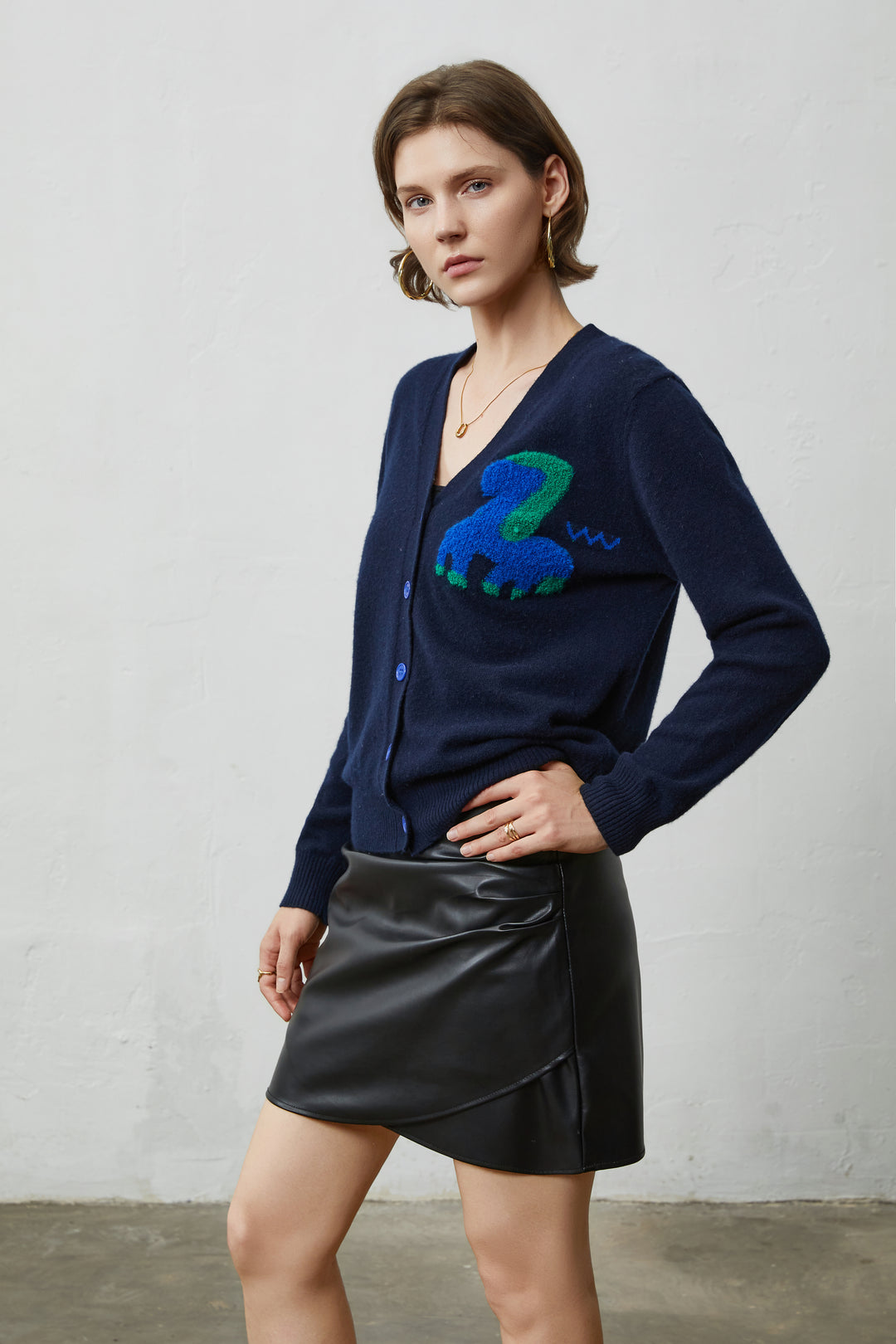 100% Pure Cashmere V-Neck Cardigan with Textured Cartoon Patch - Navy