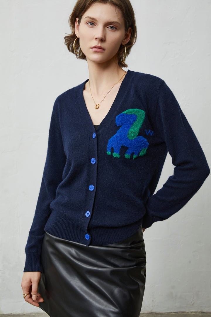 100% Pure Cashmere V-Neck Cardigan with Textured Cartoon Patch - Navy