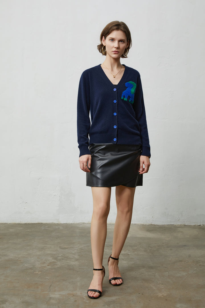 100% Pure Cashmere V-Neck Cardigan with Textured Cartoon Patch - Navy