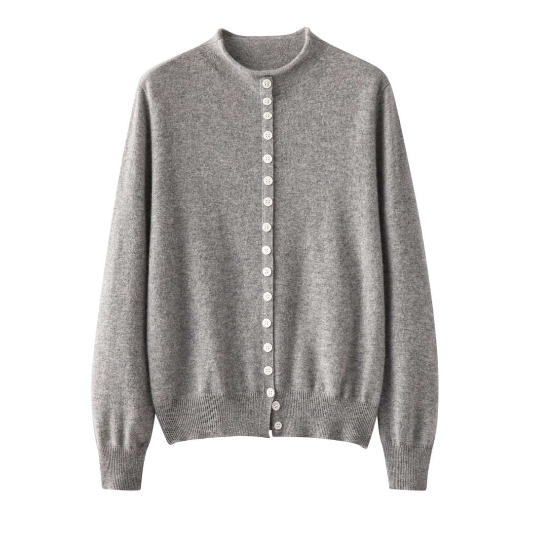 Luxury 100% Pure Cashmere Crewneck Cardigan in Heather Light Grey