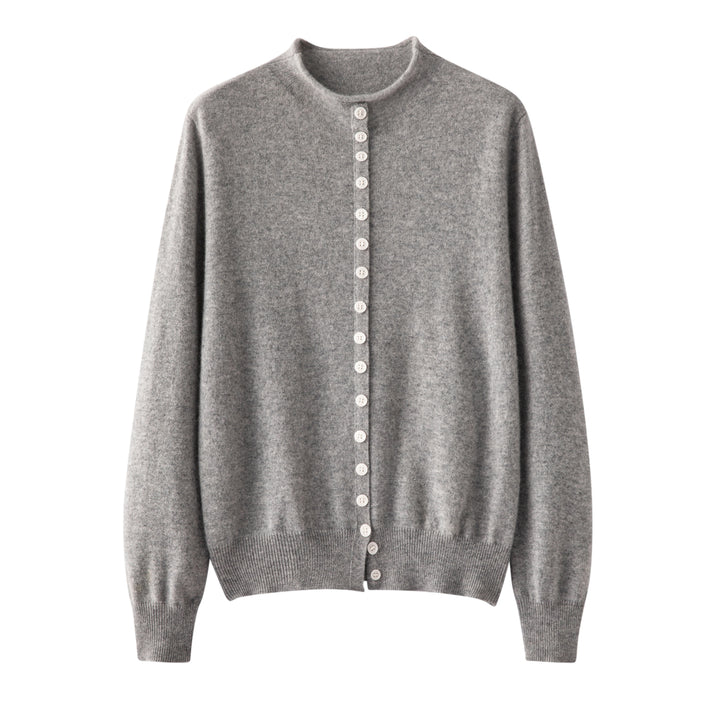 Luxury 100% Pure Cashmere Crewneck Cardigan in Heather Light Grey