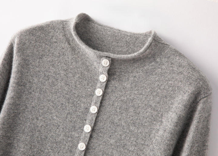 Luxury 100% Pure Cashmere Crewneck Cardigan in Heather Light Grey