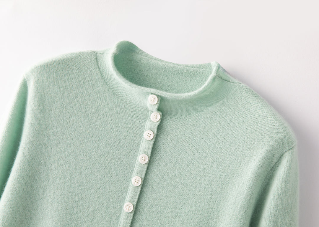 Premium Grade-A Cashmere Crewneck Cardigan - Soft Seafoam Green
