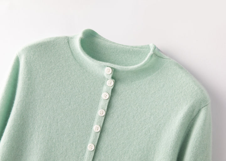Premium Grade-A Cashmere Crewneck Cardigan - Soft Seafoam Green
