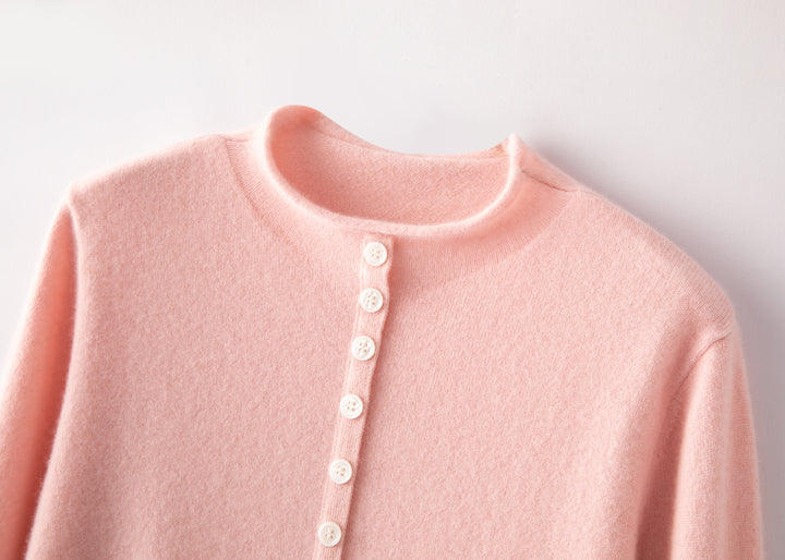 Luxury 100% Pure Cashmere Crewneck Cardigan Sweater in Pastel Pink