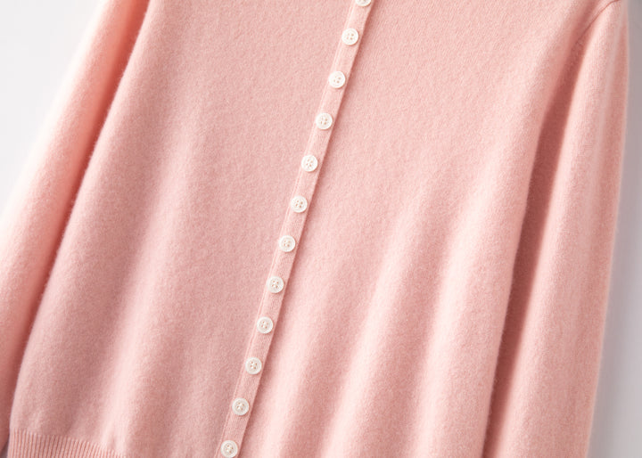 Luxury 100% Pure Cashmere Crewneck Cardigan Sweater in Pastel Pink
