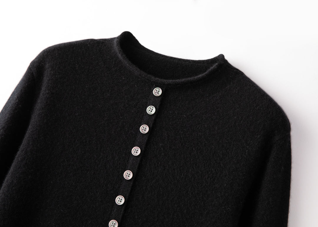 Premium Grade-A Cashmere Crewneck Cardigan - Jet Black