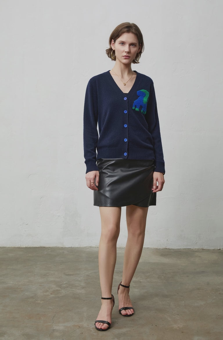100% Pure Cashmere V-Neck Cardigan with Textured Cartoon Patch - Navy
